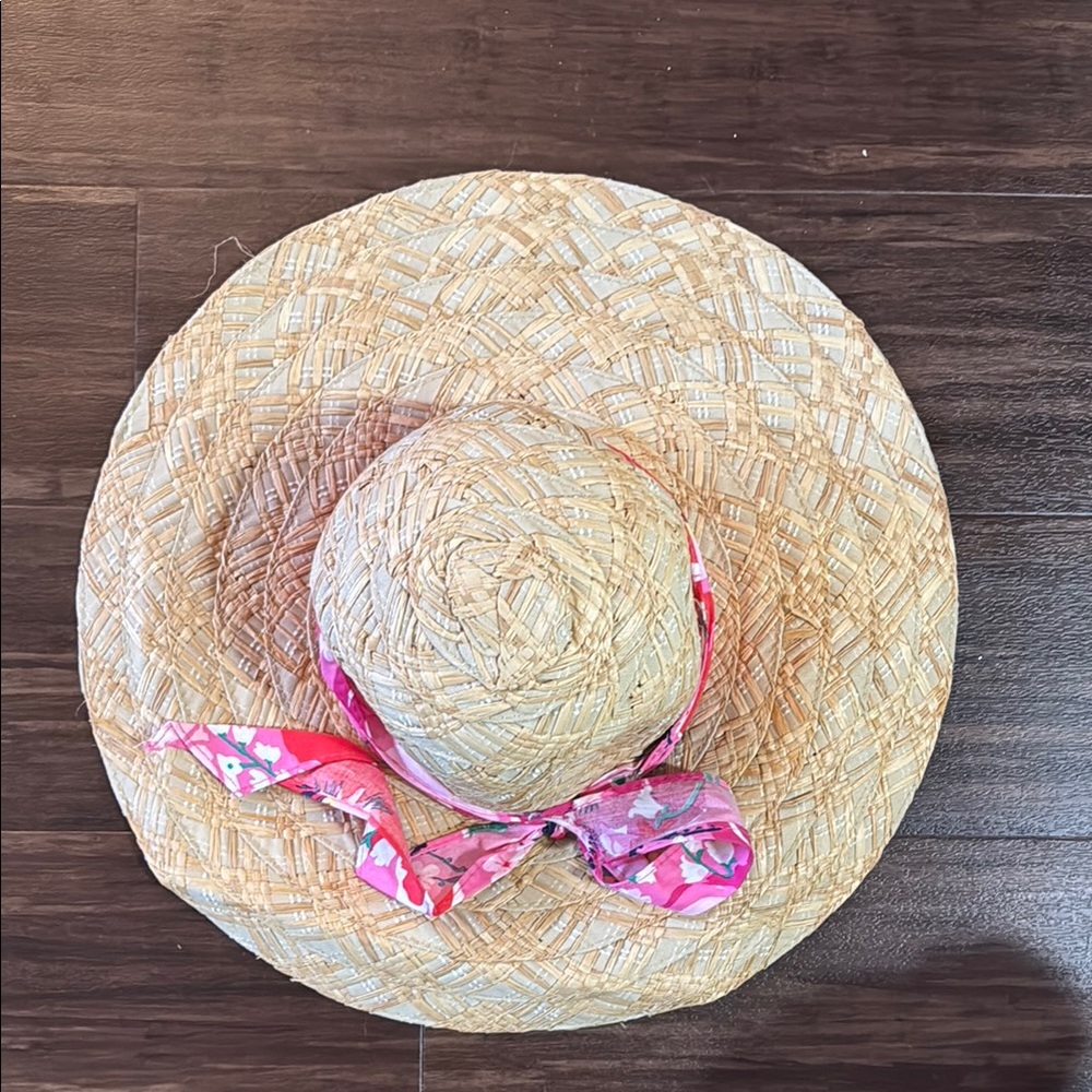 Lilly Pulitzer Straw Sun Hat with Pink Scarf